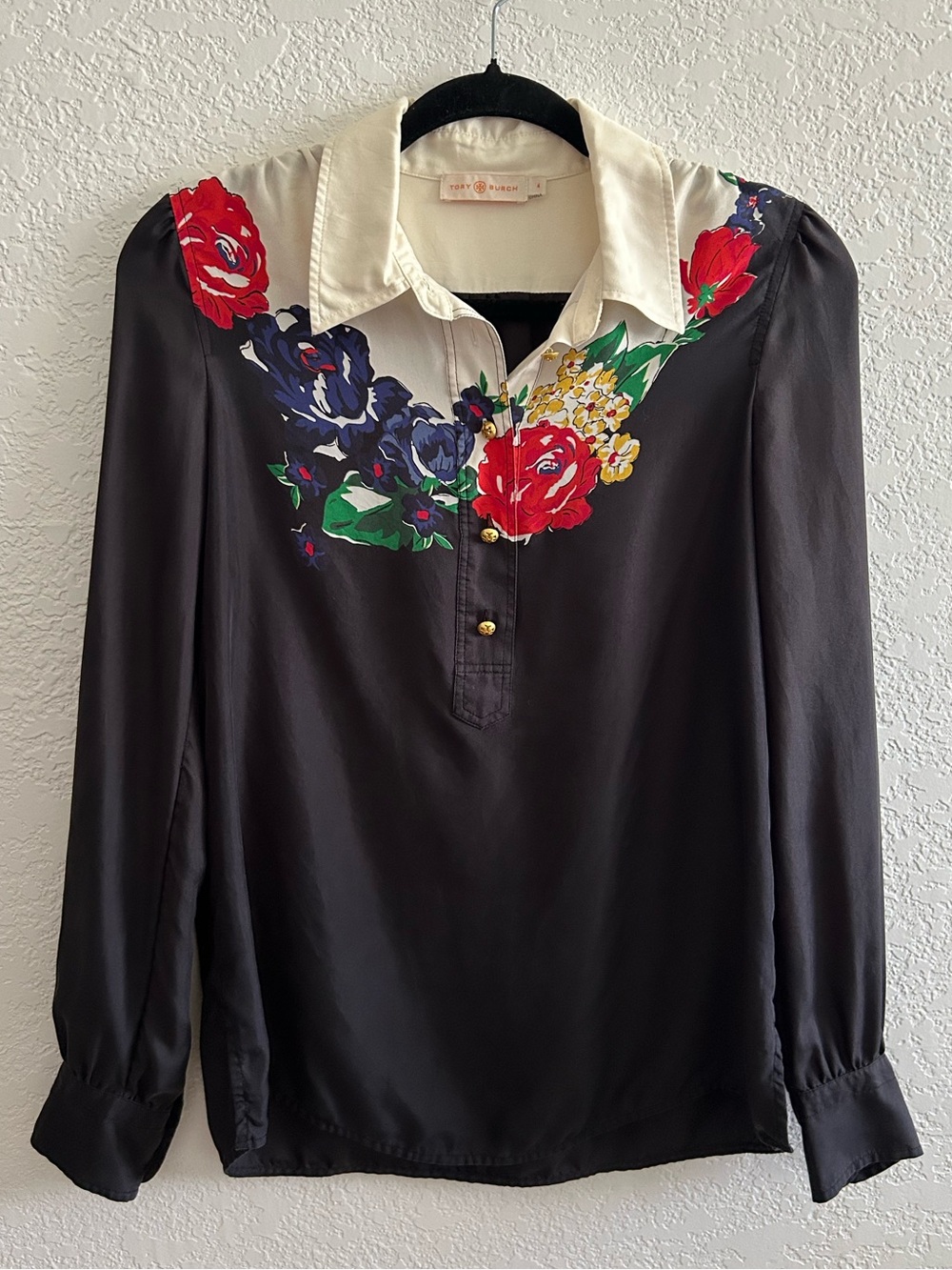 Tory Burch Black Floral Print Collared Half Button Long Sleeve Silk Blouse Top